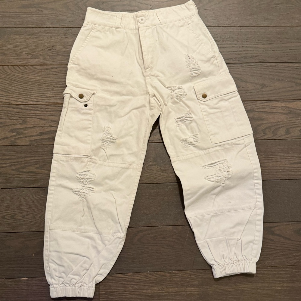 White Cargo pants with cinched ankles